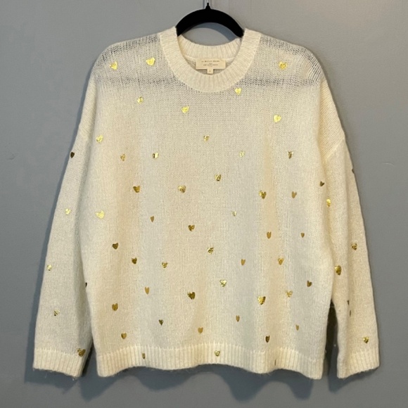 Last Chance! Sezane Cinta Jumper Gold Foil Heart Mohair Wool Sweater Ecru L - Picture 2 of 6